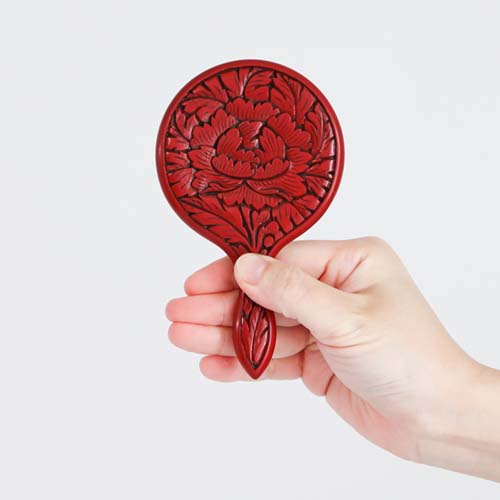 村上木彫堆朱 藤井漆工 姫手鏡 牡丹唐草 伝統工芸品 木製 ハンドミラー