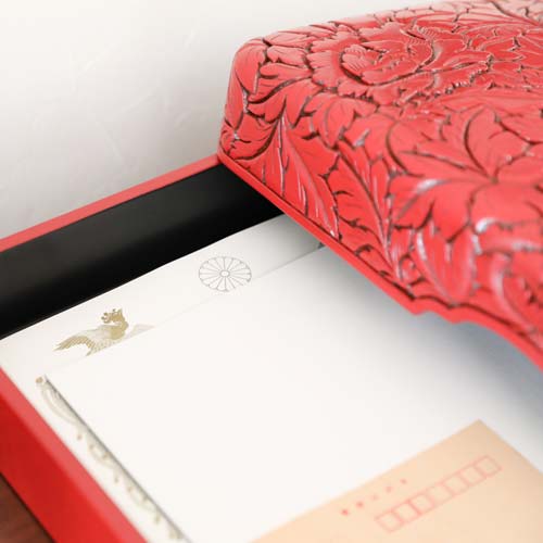村上木彫堆朱 藤井漆工 書類箱 牡丹唐草 伝統工芸品 木製 小物