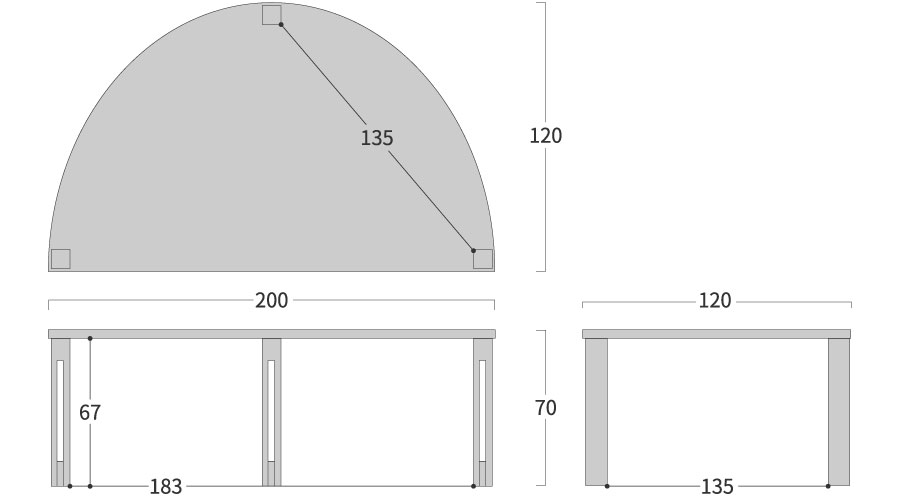 PLATZ TABLE 半円形 スリット脚寸法図
