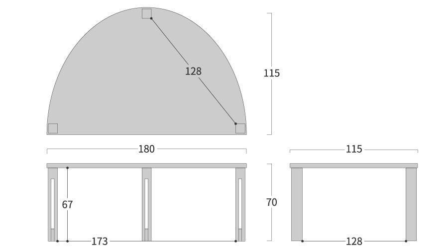 PLATZ TABLE 半円形 スリット脚寸法図