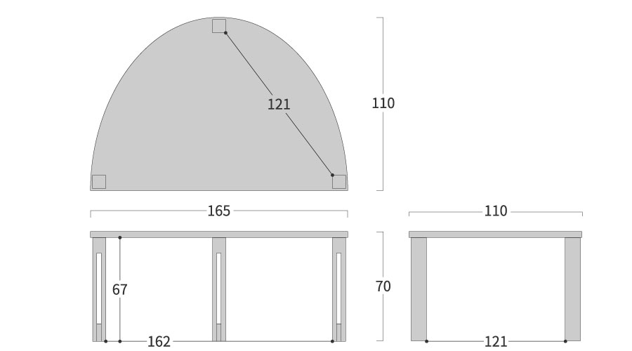 PLATZ TABLE 半円形 スリット脚寸法図