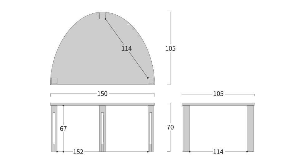 PLATZ TABLE 半円形 スリット脚寸法図