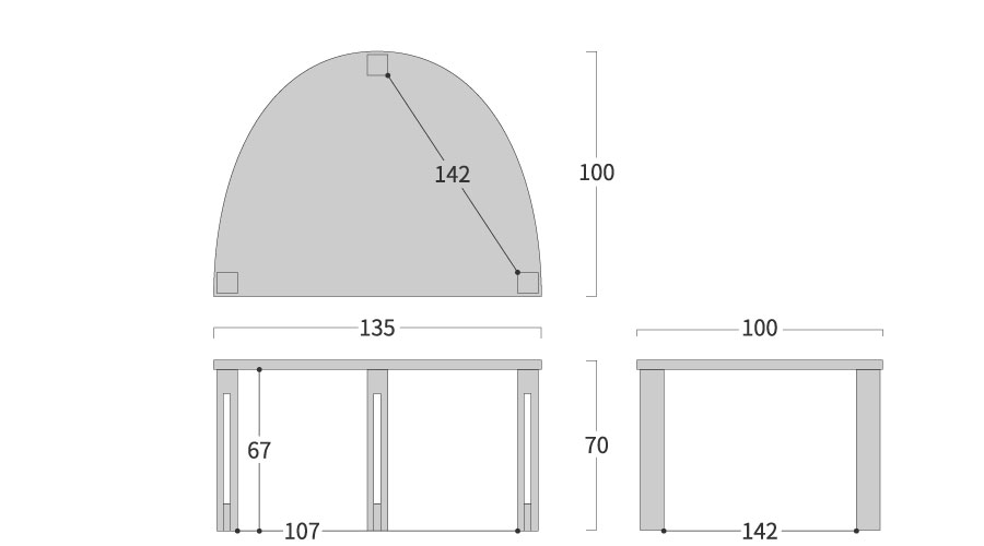 PLATZ TABLE 半円形 スリット脚寸法図