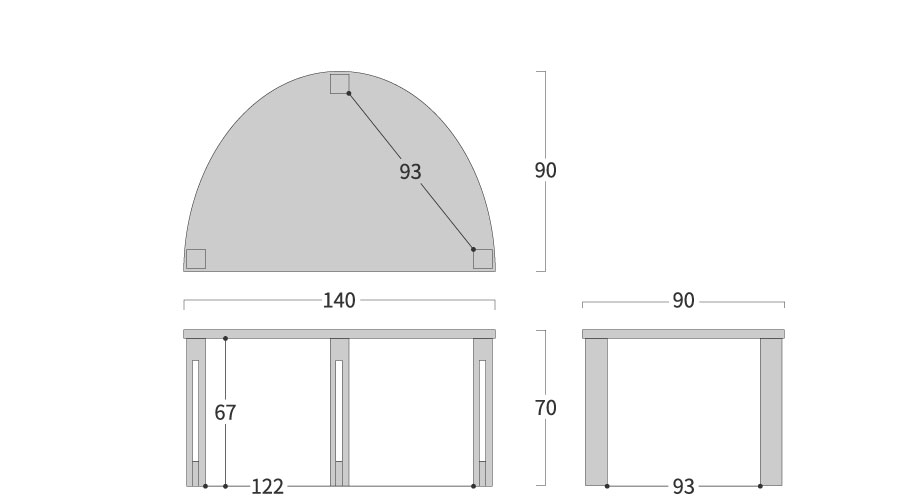 PLATZ TABLE 半円形 スリット脚寸法図